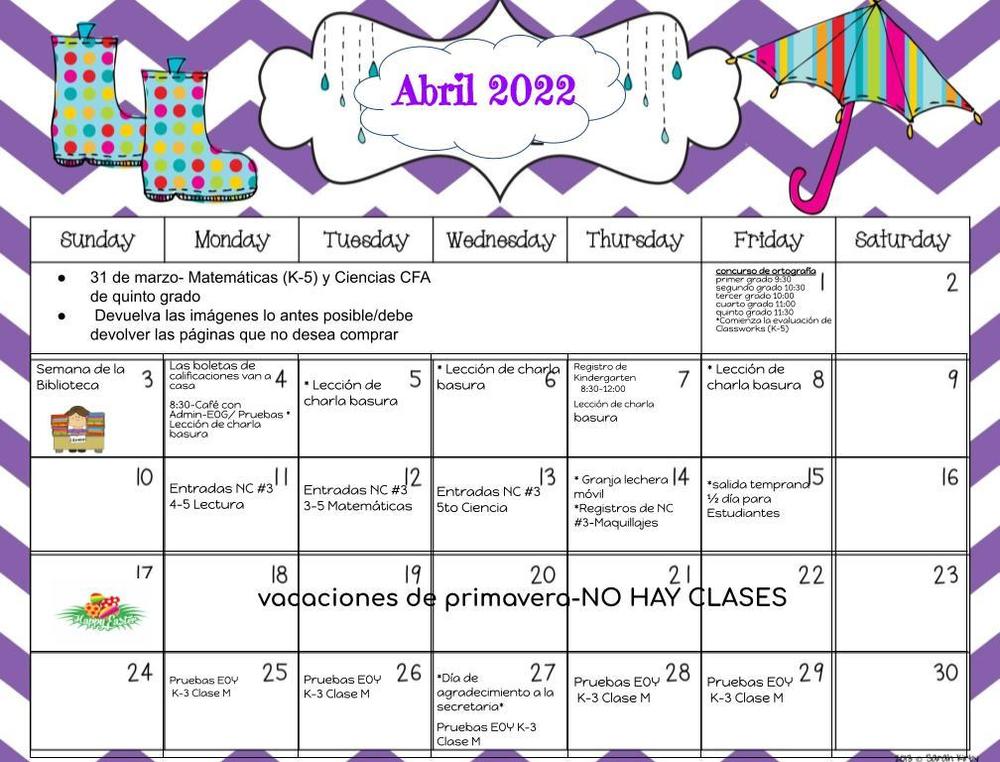 Spanish April Calendar of Events Rex Rennert Elementary School