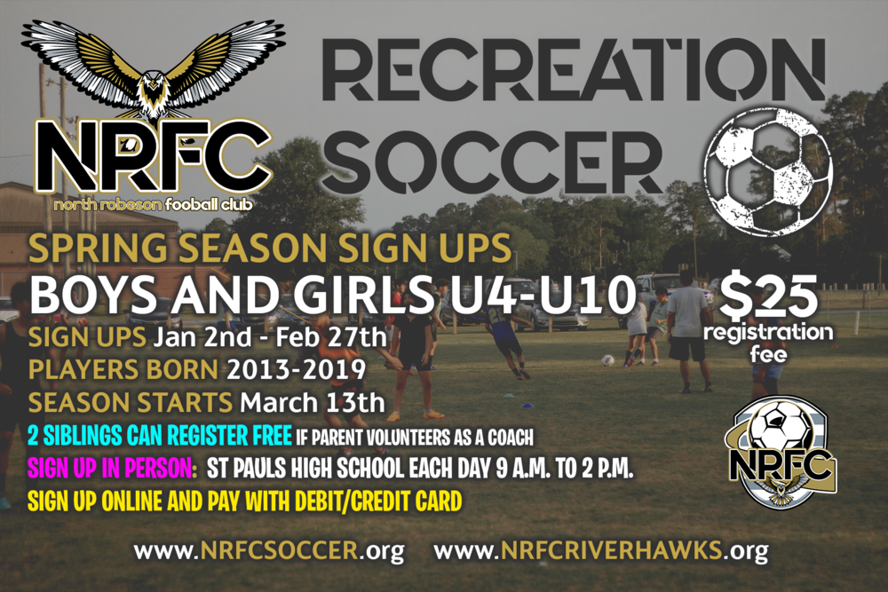 Sign ups for Youth Recreation Soccer RexRennert Elementary School