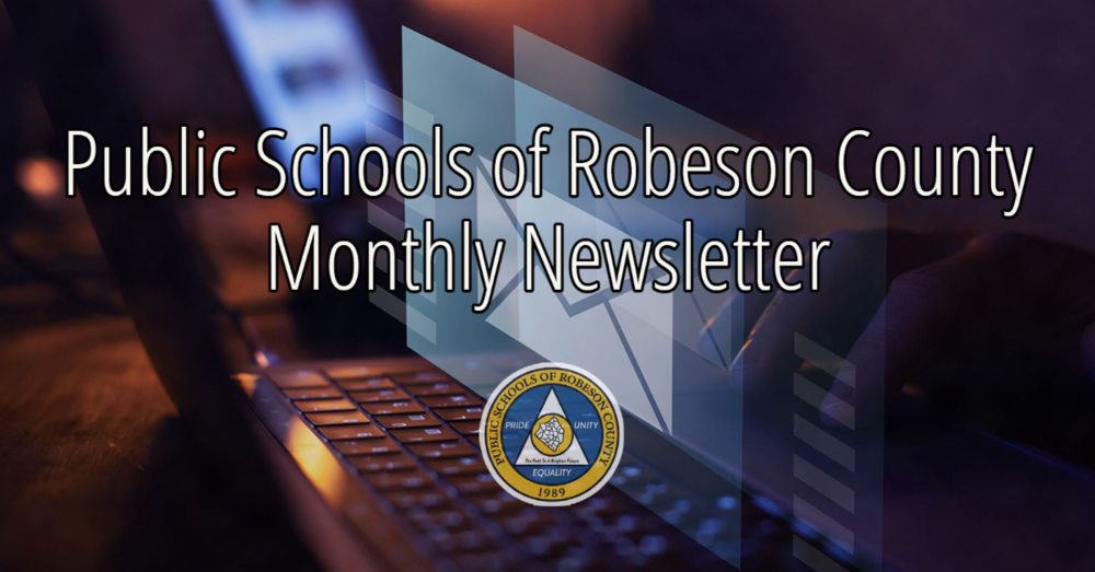 PSRC Monthly Newsletter with a display of the district's logo hands typing on a keyboard and the reflection of an envelope emoji