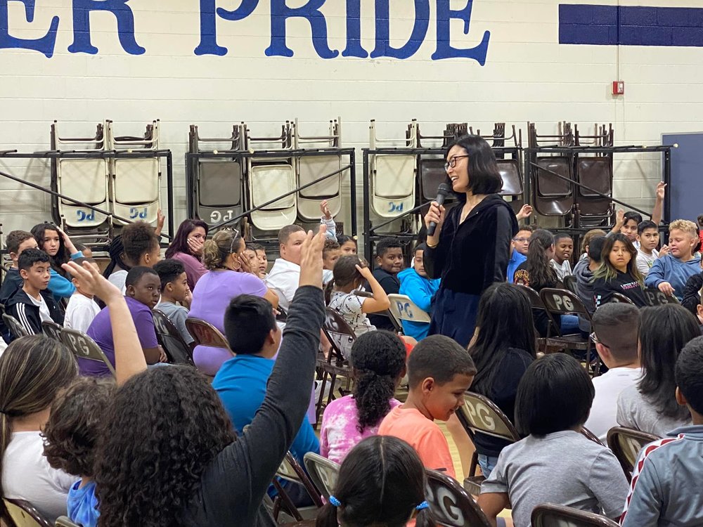 Kelly Yang speaks to students at Piney Grove Elementary 