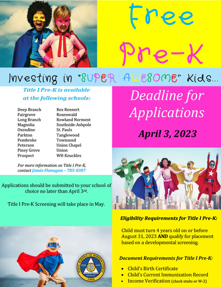 Title I Pre-K flyer with children dressed as superheroes 