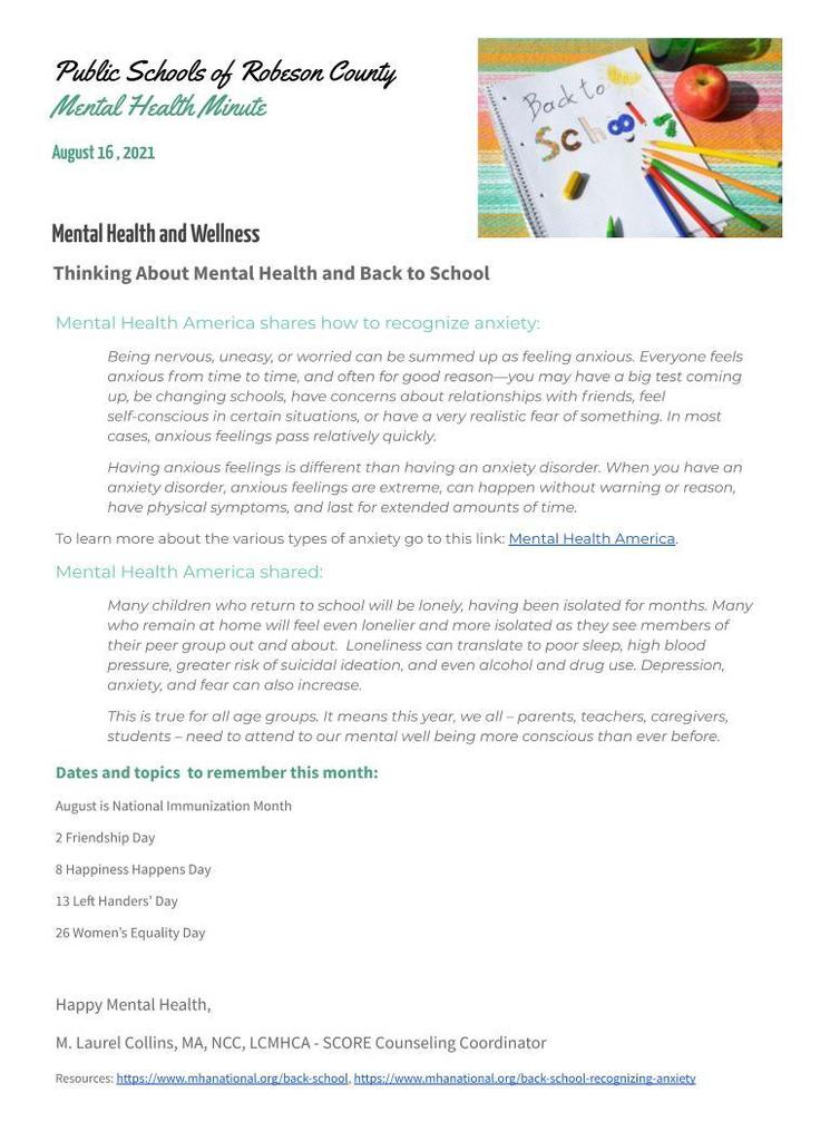 August 2021 Mental Health Minute Newsletter from our PSRC Student Support Services Department.